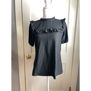 Black Puff Sleeve Eyelet Ruffle Blouse Cottagecore Gothic Romantic Top M